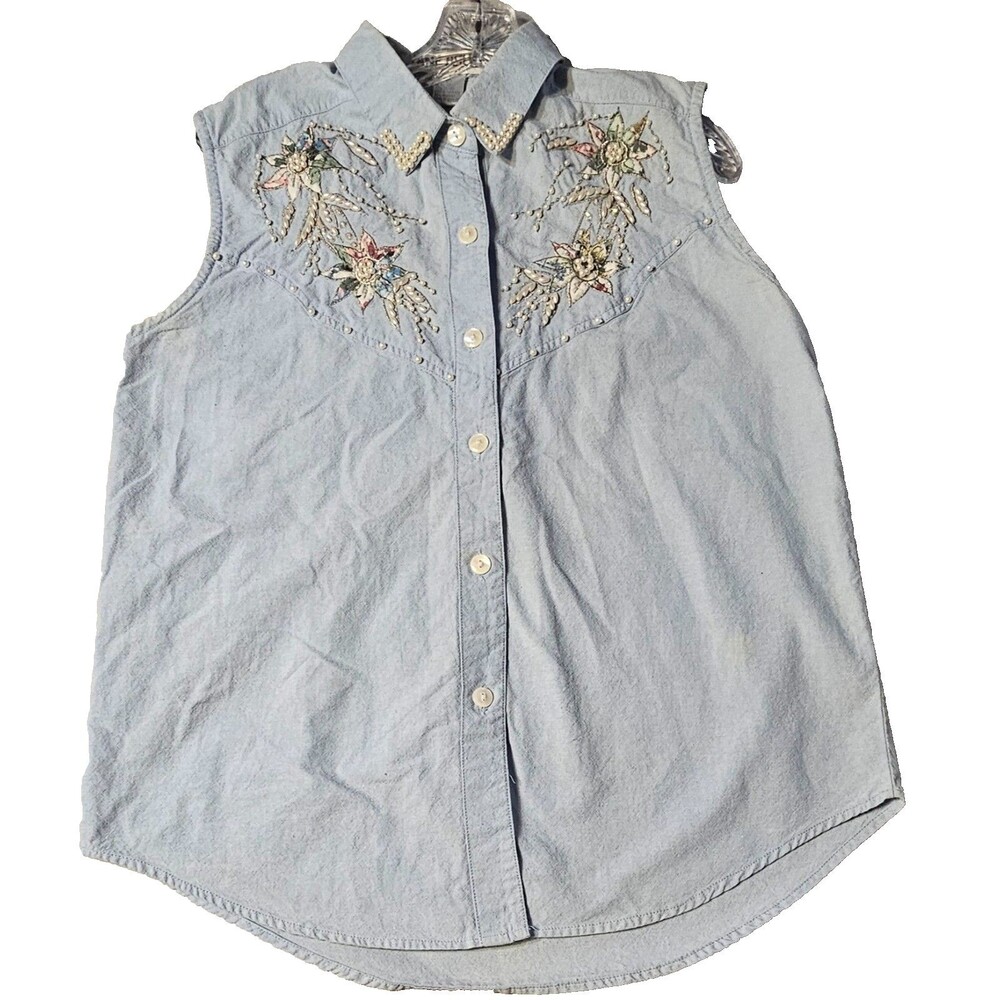 Jane Ashley Chambray Shirt L Floral Beaded Embroidered Y2K 90s Western Sleeveles - Picture 3 of 9